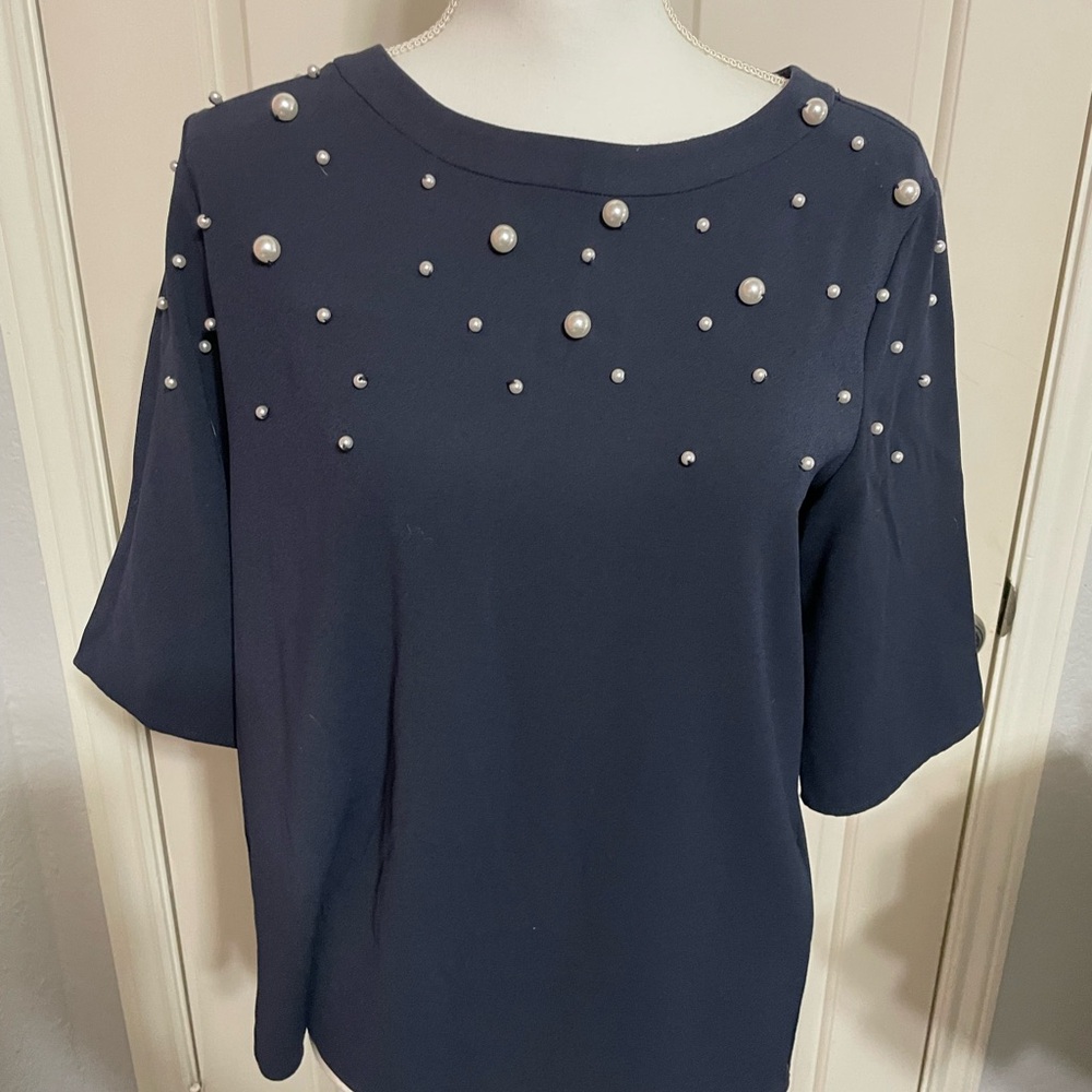 Elegant Navy Pearl-Embellished Women's Top